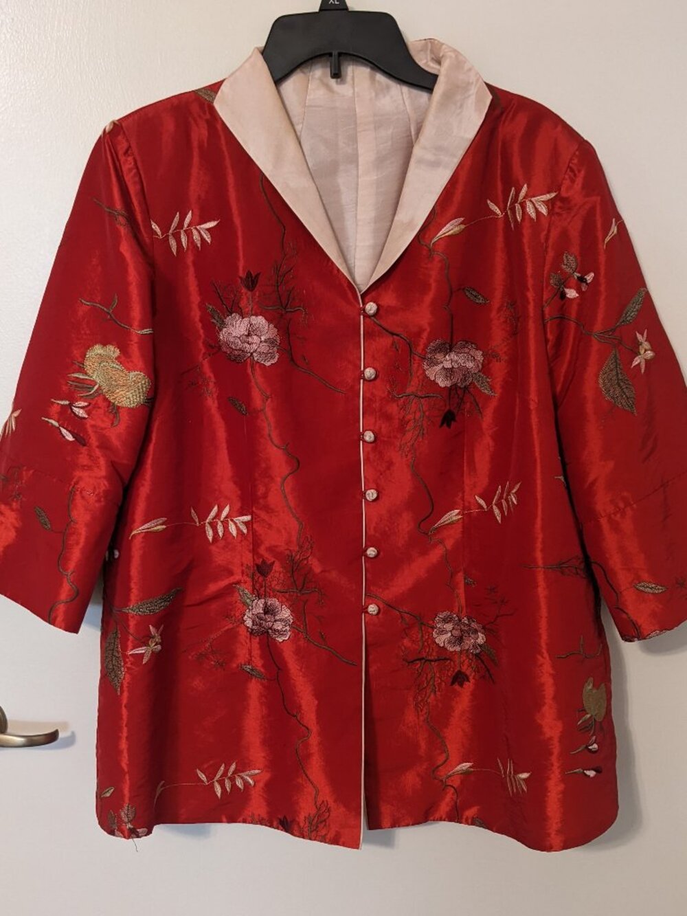 Asian Oriental Cherry Red Satin Floral Embroidered Jacket Wide Sleeve **READ**